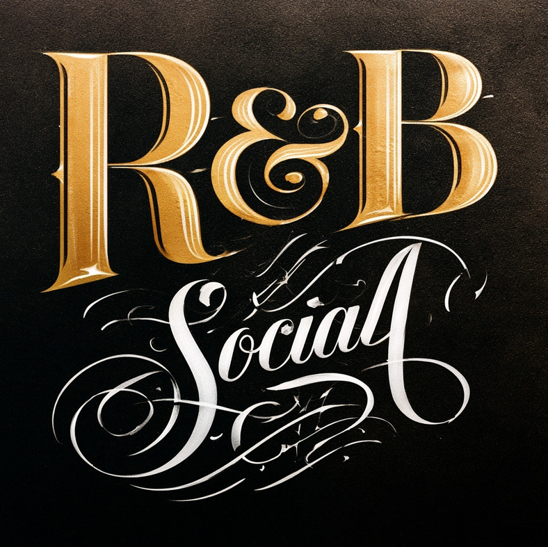 Надпись "R&B" выполнена жирным золотым шрифтом, а слово "Social" — элегантным белым шрифтом